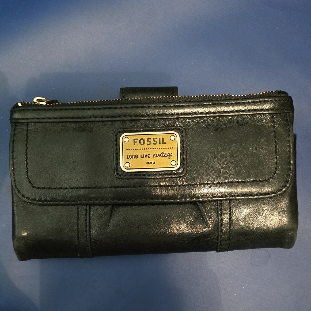 Fossil Black Leather Long Live Vintage Clutch Wallet Organizer